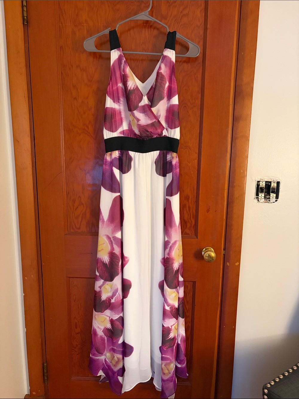 Express Purple & White Floral Maxi Dress with Black Waistband